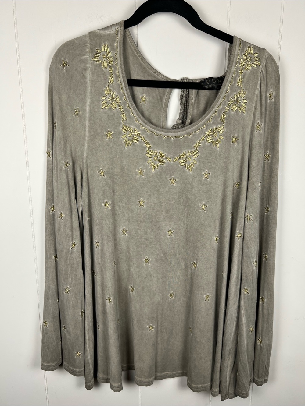 Pol Gold Boho Star Embroidery Scoop Neck Long Sleeve Top Oversized Small Flowy
